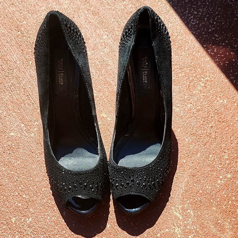 White House Black Market Chrystol Black Suede Peep Toe 8.5
